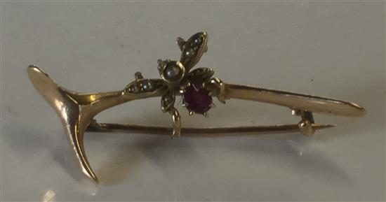 9ct gold ruby and split pearl wishbone and fly brooch